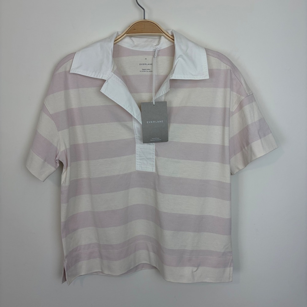 Everlane Women's Organic Cotton Retro Jersey Polo Shirt Purple‎ Stripe Size XS